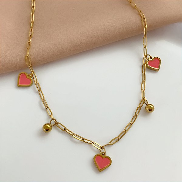COLAR PINGENTES CORAÇÕES RESINADOS E BOLINHAS DOURADO AÇO 316L⭐️