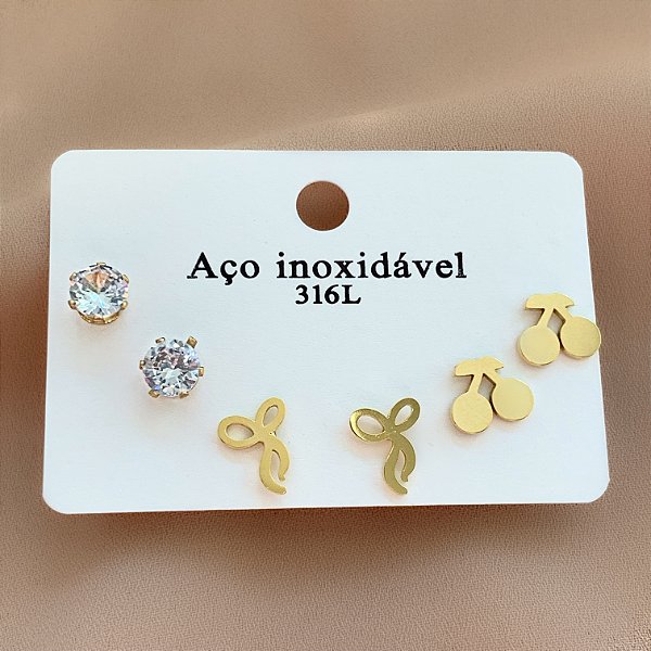 BRINCO KIT LAÇO E CEREJA DOURADO AÇO 316L⭐️
