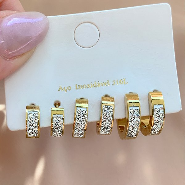 BRINCO KIT ARGOLINHAS GROSSAS COM ZIRCÔNIAS DOURADO AÇO 316L⭐️