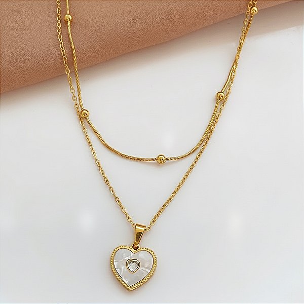 COLAR DUPLO CORRENTE BOLINHA E PINGENTE CORAÇÃO MADREPÉROLA DOURADO AÇO 316L⭐️