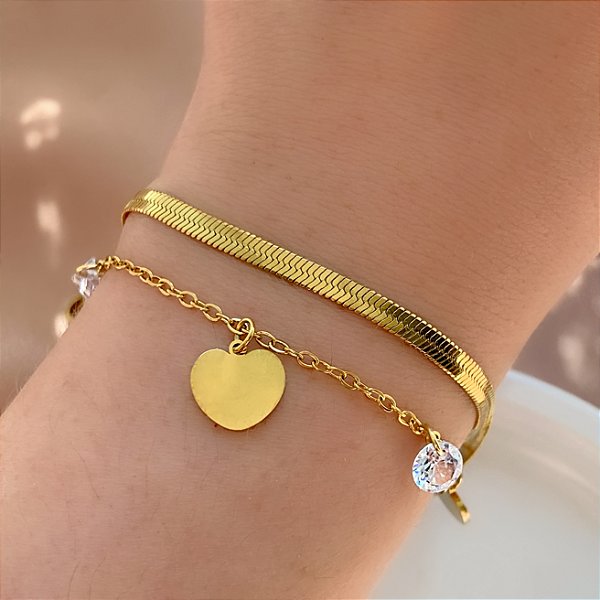 PULSEIRA CORRENTE DUPLA FITA FINA E CORAÇÕES DOURADO AÇO 316L⭐️