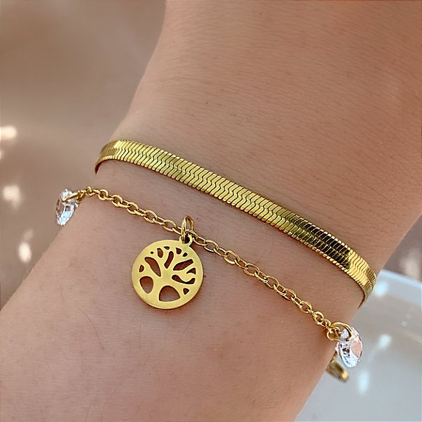 PULSEIRA CORRENTE DUPLA FITA FINA E ÁRVORE DA VIDA DOURADO AÇO 316L⭐️