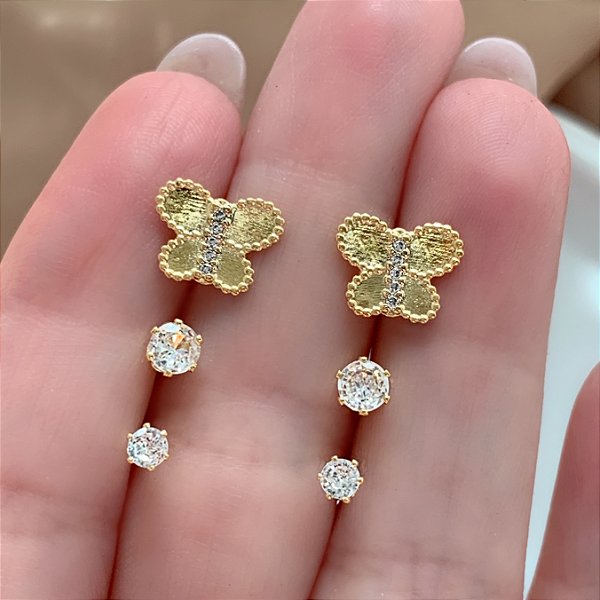 BRINCO KIT BORBOLETA LISA E PONTOS DE LUZ FOLHEADO A OURO 18K⭐