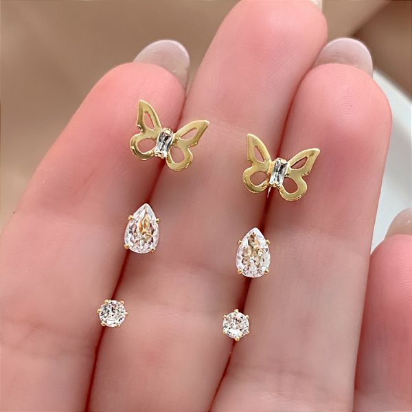 BRINCO KIT BORBOLETA VAZADA FOLHEADO A OURO 18K⭐