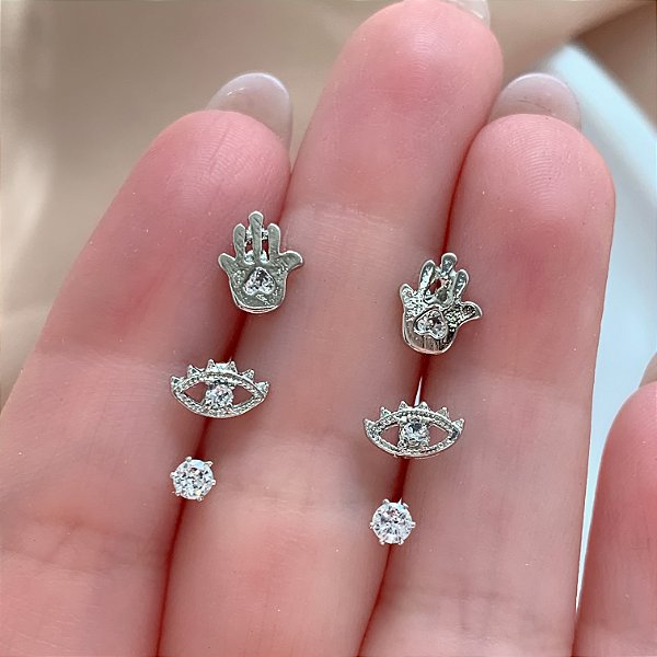 BRINCO KIT MÃO DE FÁTIMA E OLHO GREGO HIPOALERGÊNICO FOLHEADO A RÓDIO⭐️