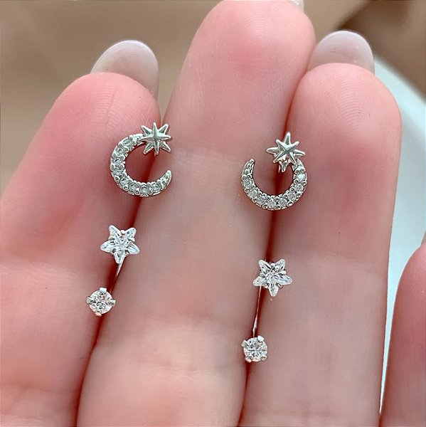 BRINCO KIT LUA E ESTRELA HIPOALERGÊNICO FOLHEADO A RÓDIO⭐️