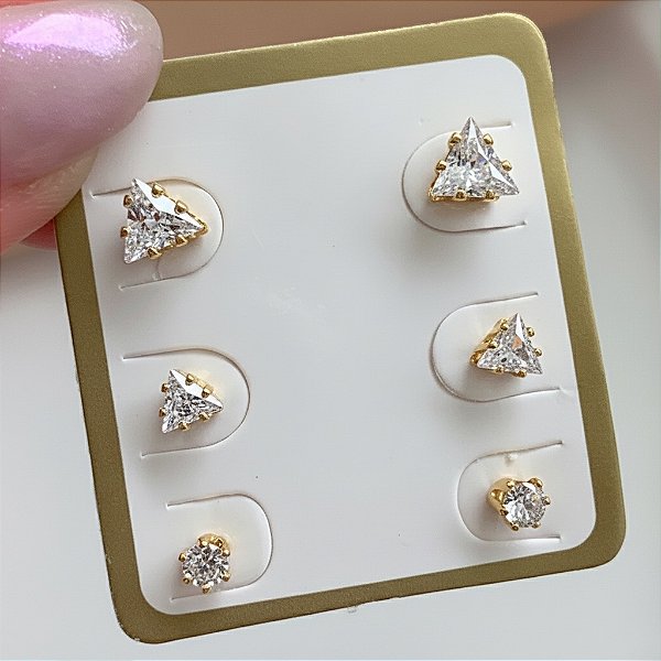 BRINCO KIT TRIÂNGULO PONTO DE LUZ FOLHEADO A OURO 18K⭐
