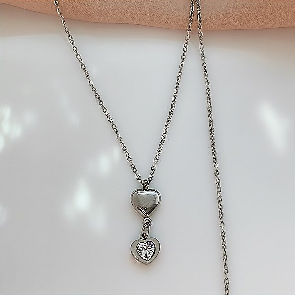 COLAR PINGENTE CORAÇÃO DUPLO LISO E ZIRCÔNIA AÇO 316L⭐️