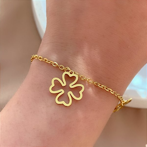 PULSEIRA TREVO VAZADO DOURADO AÇO 316L⭐️