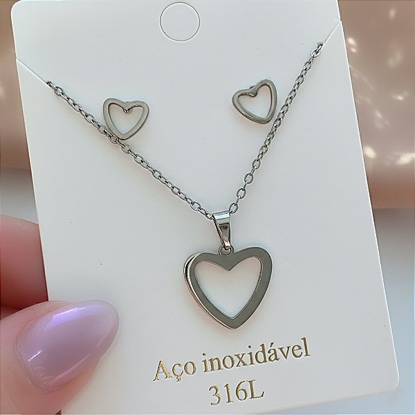 COLAR KIT CORAÇÃO VAZADO AÇO 316L⭐️