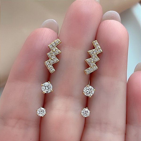 BRINCO KIT ZIG ZAG E PONTOS DE LUZ FOLHEADO A OURO 18K⭐