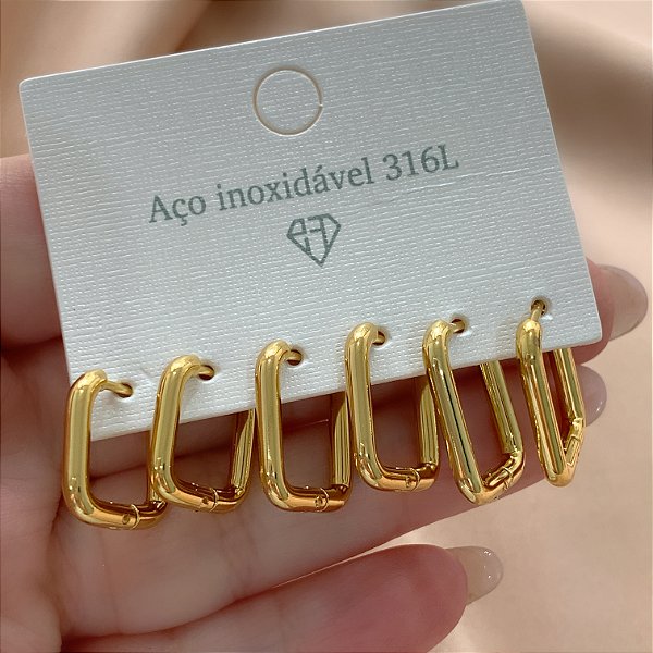 BRINCO KIT ARGOLINHAS QUADRADAS DOURADO AÇO ⭐️