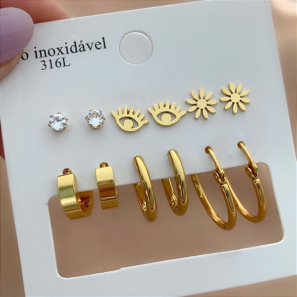 BRINCO KIT 6 PARES DE BRINCOS FLOR DOURADO AÇO 316L⭐️
