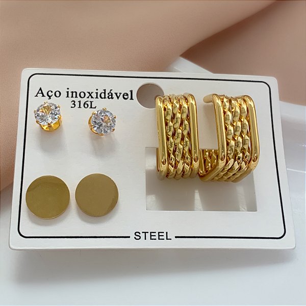 BRINCO KIT ARGOLA QUADRADA TORCIDA E ZIRCÔNIA DOURADO AÇO 316L⭐️