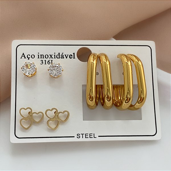BRINCO KIT ARGOLA OVAL TUBOS E CORAÇÕES DOURADO AÇO 316L⭐️