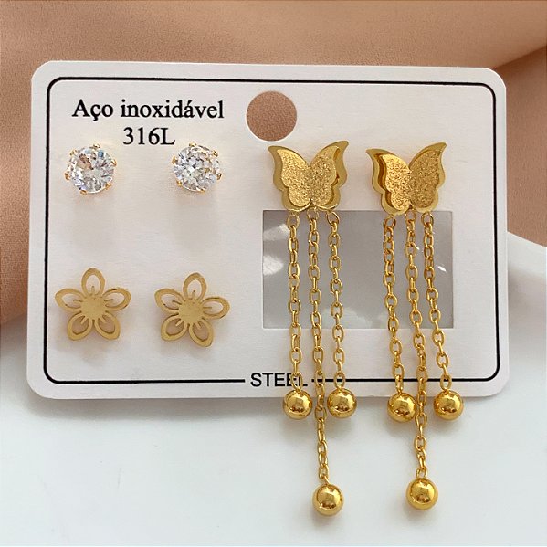 BRINCO KIT BORBOLETA FRANJAS DOURADO AÇO 316L⭐️