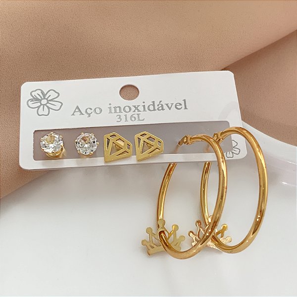 BRINCO KIT ARGOLA COROA E DIAMANTE DOURADO AÇO 316L⭐️
