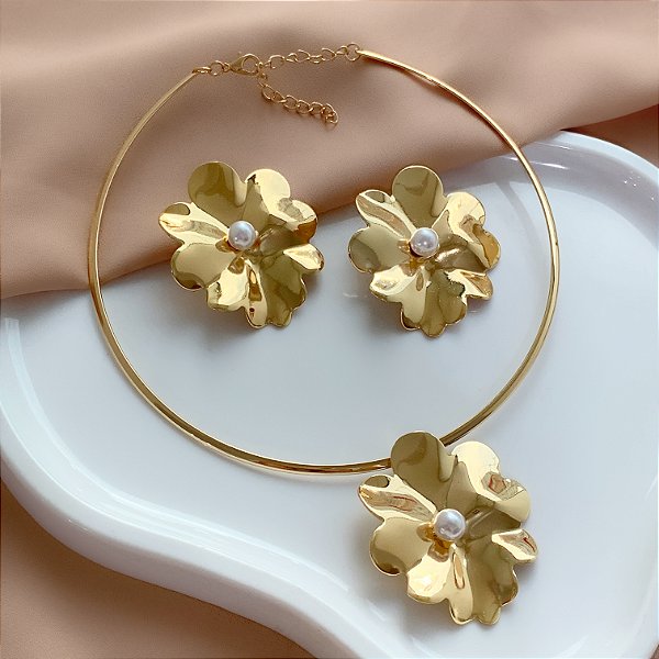 COLAR E BRINCO KIT ARO FLOR COM PÉROLA BIJU