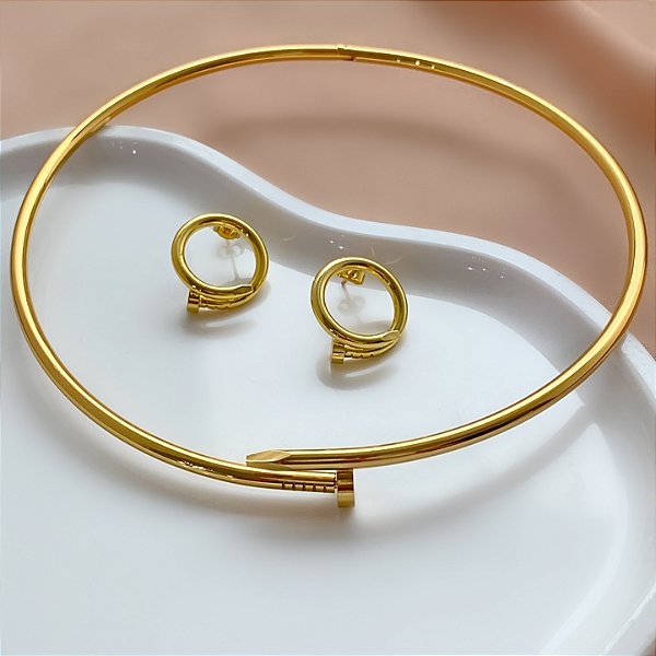COLAR E BRINCO KIT PREGO DOURADO AÇO 316L⭐️