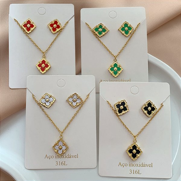 COLAR E BRINCO KIT TREVO DOURADO AÇO 316L⭐️