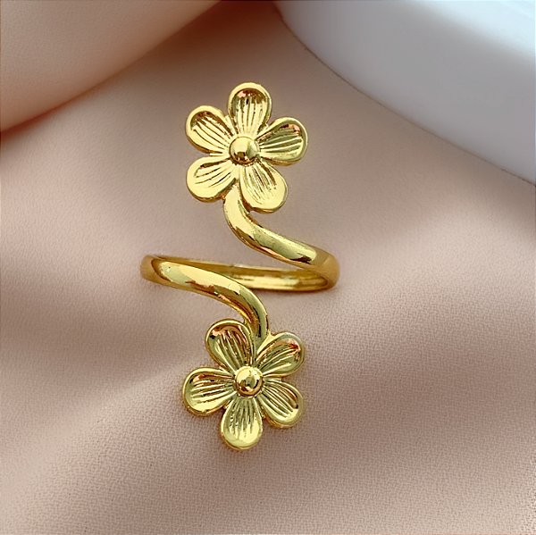 ANEL REGULÁVEL FLOR DUPLA DOURADO AÇO 316L⭐️