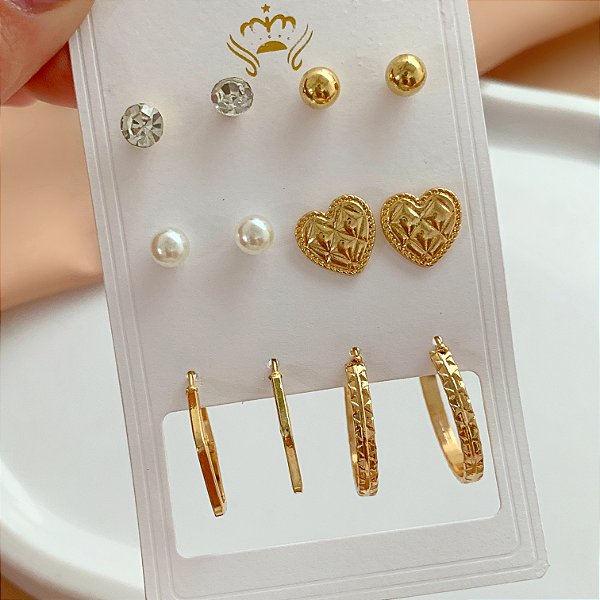 BRINCO KIT ARGOLAS, CORAÇÃO, PÉROLA E ZIRCÔNIA BIJU