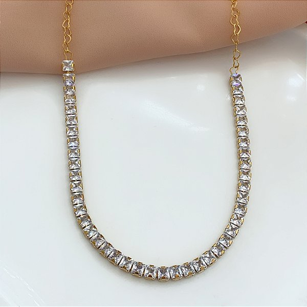 COLAR RIVIERA ZIRCÔNIA QUADRADA ELOS CORAÇÕES DOURADO AÇO 316L⭐️