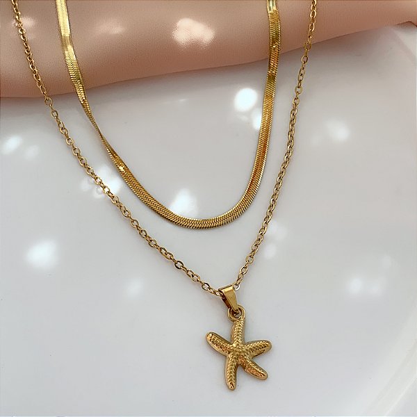 COLAR DUPLO FITA FINA E CORRENTE PINGENTE ESTRELA DOURADO AÇO 316L⭐️