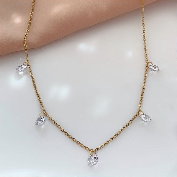 COLAR CORRENTE PINGENTES ZIRCÔNIAS DOURADO AÇO 316L⭐️