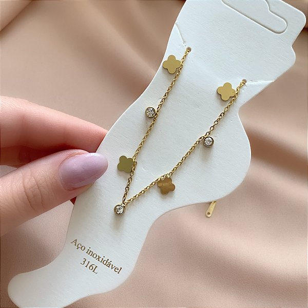 TORNOZELEIRA PINGENTE TREVO E ZIRCÔNIA DOURADO AÇO 316L⭐️