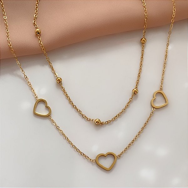 COLAR CORRENTE DUPLA BOLINHAS E CORAÇÃO VAZADO DOURADO AÇO 316L⭐️