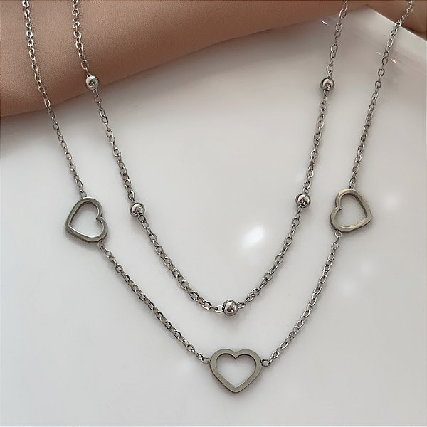 COLAR CORRENTE DUPLA BOLINHAS E CORAÇÕES VAZADOS AÇO 316L⭐️