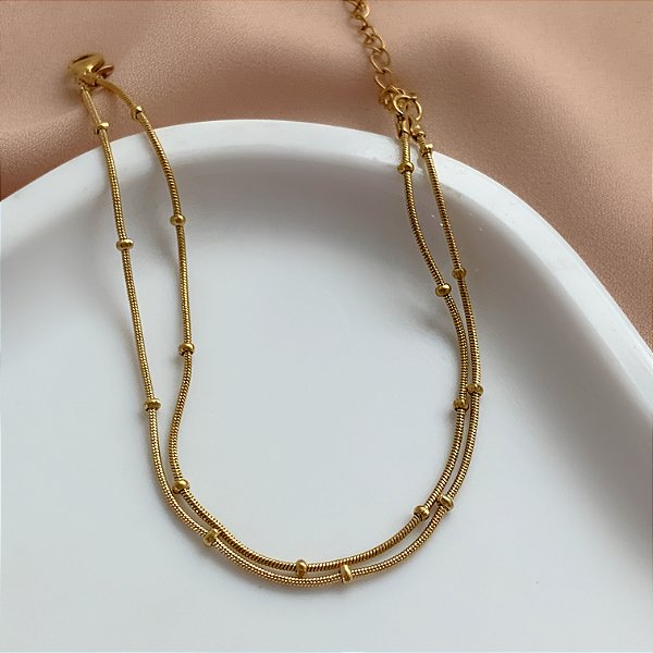 PULSEIRA CORRENTE DUPLA FINA MINI BOLINHAS DOURADO AÇO 316L⭐️