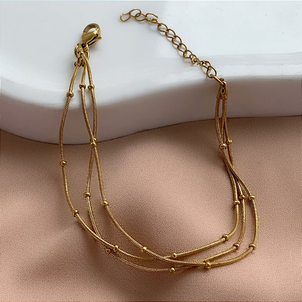 PULSEIRA CORRENTE TRIPLA FINA MINI BOLINHAS DOURADO AÇO 316L⭐️