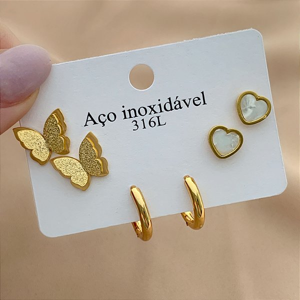 BRINCO KIT BORBOLETA E CORAÇÃO DOURADO AÇO 316L⭐️