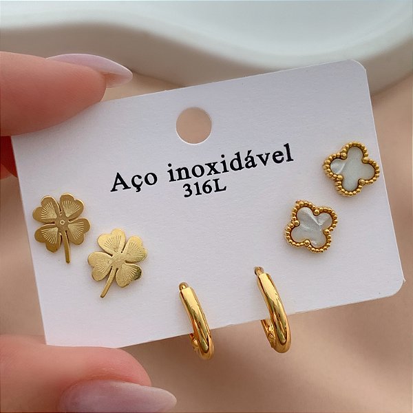 BRINCO KIT TREVOS E ARGOLA DOURADO AÇO 316L⭐️