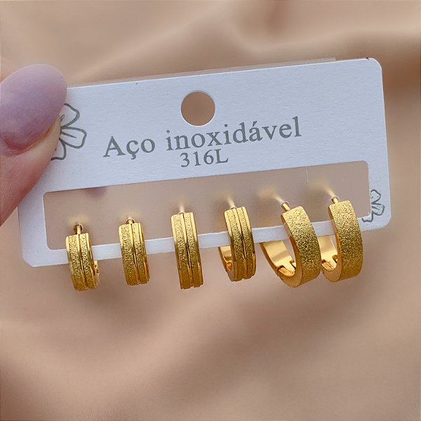 BRINCO KIT ARGOLAS TEXTURIZADAS MARIA DOURADO AÇO 316L⭐️