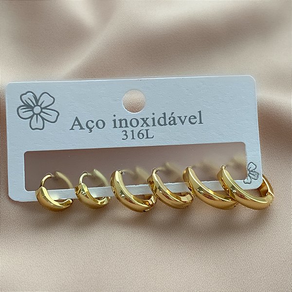 BRINCO KIT ARGOLAS FIO ACHATADO BOLEADO DOURADO AÇO 316L⭐️