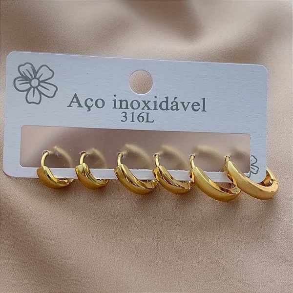 BRINCO KIT ARGOLAS FIO ACHATADO RETODOURADO AÇO 316L⭐️