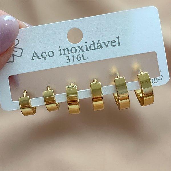 BRINCO KIT ARGOLAS GROSSAS FIO ACHATADO DOURADO AÇO 316L⭐️