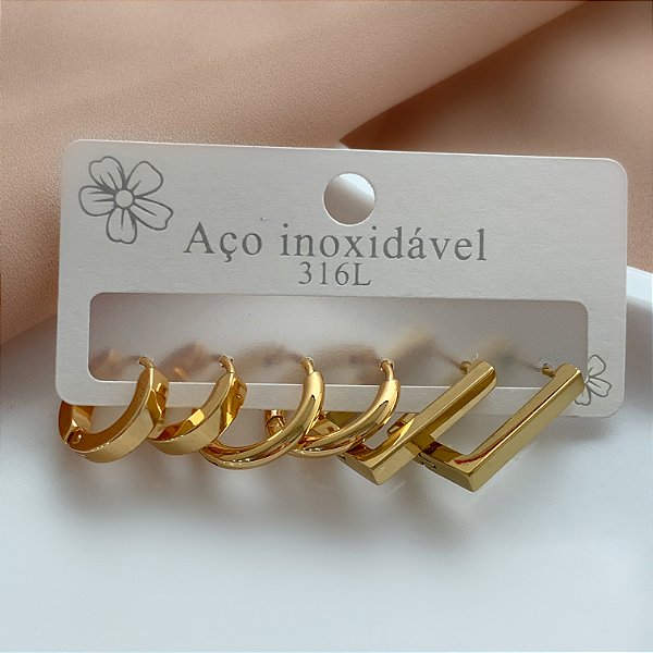 BRINCO KIT ARGOLAS REDONDAS E RETANGULAR DOURADO AÇO 316L⭐️