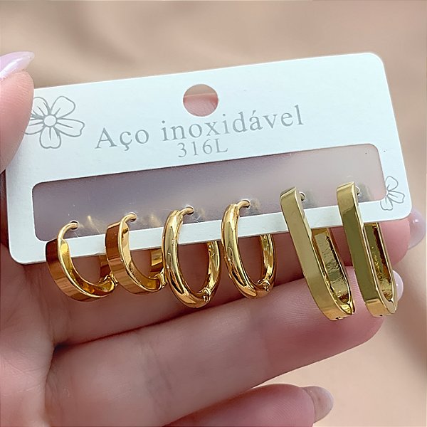 BRINCO KIT ARGOLAS REDONDAS E OVAL DOURADO AÇO 316L⭐️