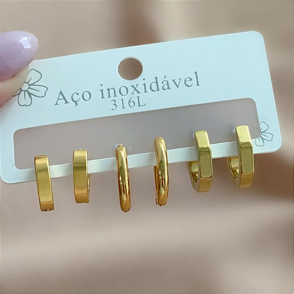BRINCO KIT ARGOLAS REDONDAS E HEXAGONAL DOURADO AÇO 316L⭐️