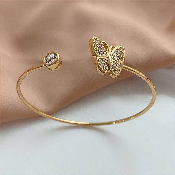 PULSEIRA / BRACELETE BORBOLETA CRAVEJADA E PONTO DE LUZ DOURADO BIJU