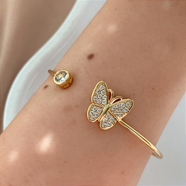 PULSEIRA / BRACELETE BORBOLETA CRAVEJADA E PONTO DE LUZ DOURADO BIJU