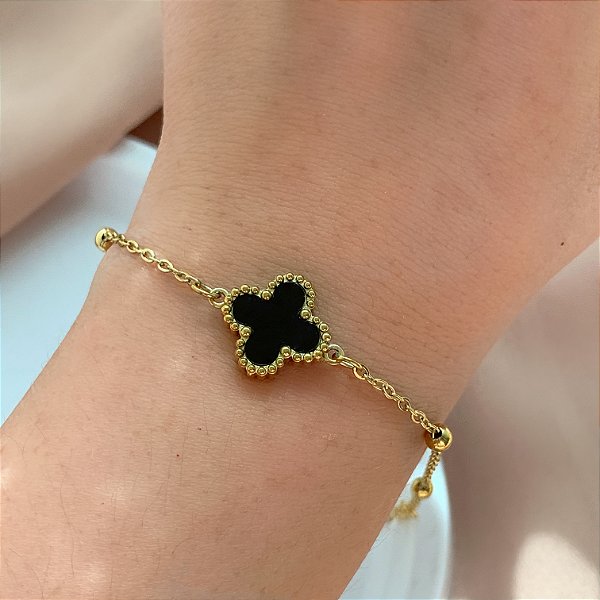 PULSEIRA CORRENTE BOLINHA TREVO RESINADO DOURADO AÇO 316L⭐️