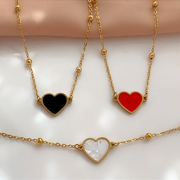 PULSEIRA CORRENTE BOLINHA CORAÇÃO RESINADO DOURADO AÇO 316L⭐️