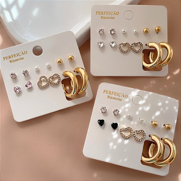 BRINCO KIT 6 BRINCOS DIVERSOS CORAÇÃO DOURADO BIJU