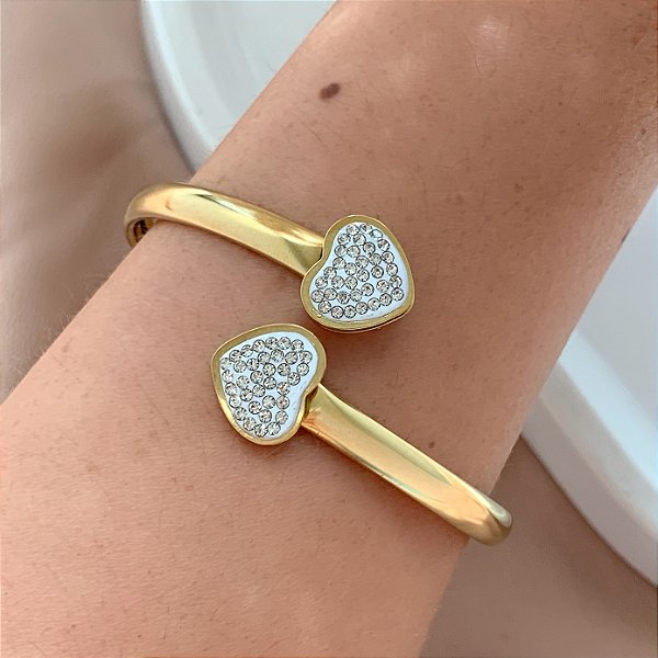 PULSEIRA / BRACELETE FIO ACHATADO CORAÇÕES ZIRCÔNIAS DOURADO AÇO 316L⭐️