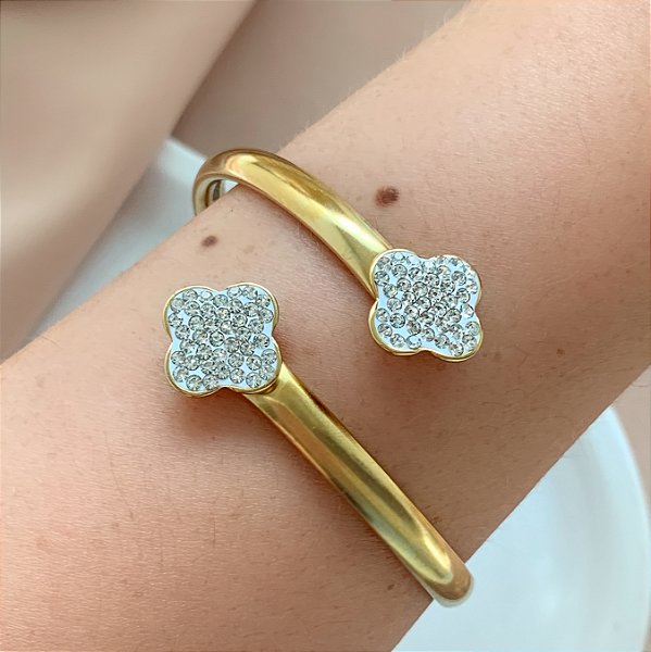 PULSEIRA / BRACELETE FIO ACHATADO TREVOS ZIRCÔNIAS DOURADO AÇO 316L⭐️